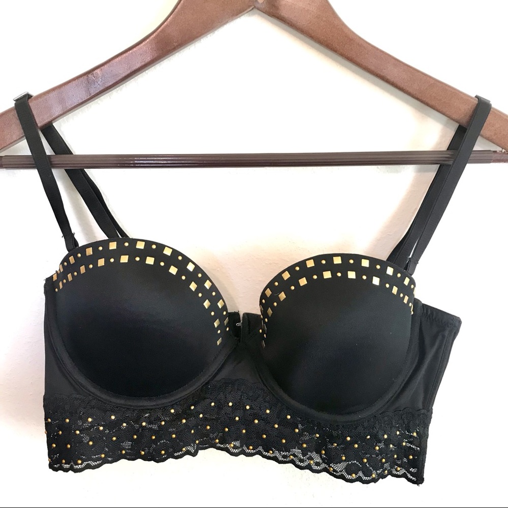 PINK Victoria’s Secret Black Gold Studded Adjustable Bustier Bra Size 36 B